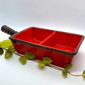 Metlox Pottery Poppytrail line divided vegetable dish. In red rooster.